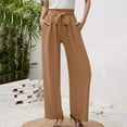 thumbnail image 2 of AOMPMSDX Women's Wide Leg Pants Lightweiht Adjustable Waist Bow Tie Loose Comfortable Casual Trousers With Pocket Brown L, 2 of 5