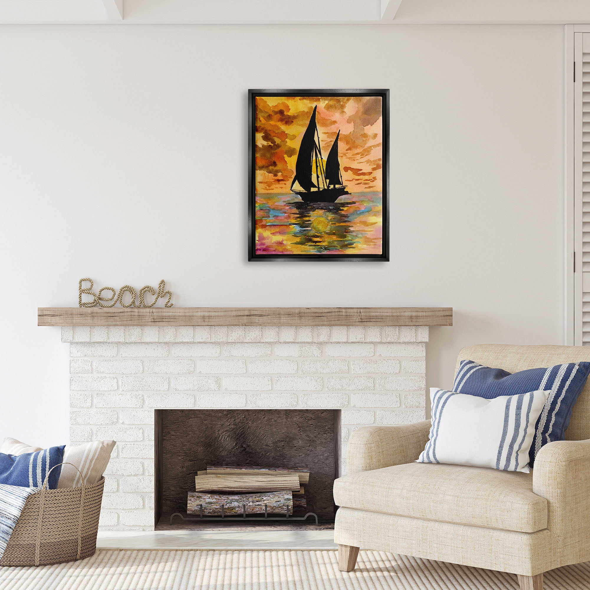 Stupell Industries Sailboat at Sunset Transportation Painting Black Floater Framed Art Print Wall Art, 25 x 31