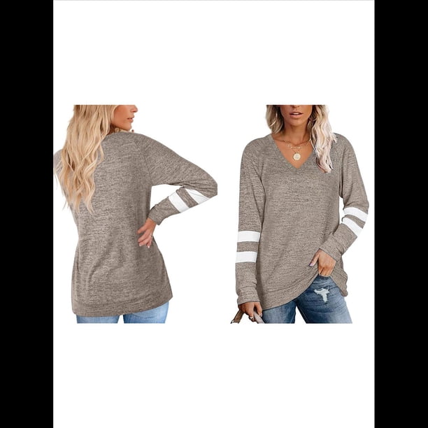 Camiseta de Cuello en V para Mujer, Camiseta Informal de Larga con Bloques de Color Caqui L