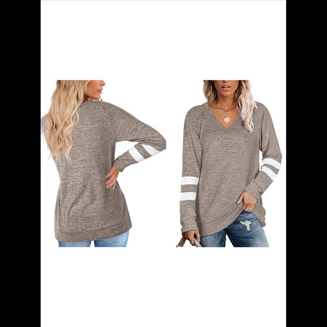 Tops para Mujer, Camiseta con Cuello en V, Bloque de Color, Larga, Túnica Informal Caqui M