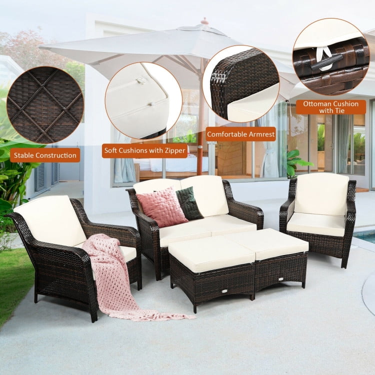 Aimee Lii 5 Pieces Patio Rattan Sofa Set with Cushion and Ottoman, Outdoor Wicker Patio Furniture Set, White Aimee Lii 5 Pieces Patio Rattan Sofa Set with Cushion and Ottoman, Outdoor Wicker Patio Furniture Set, White