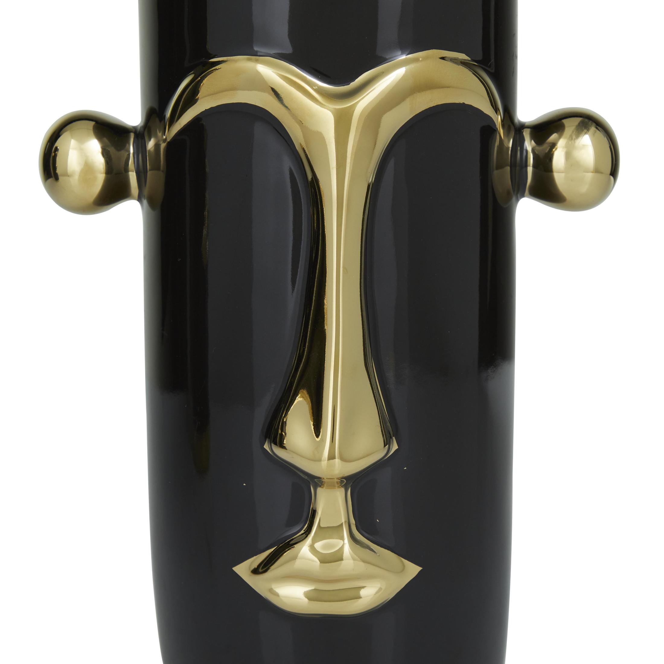 DecMode 16", 11"H Face Abstract Black Ceramic Vase with Gold Details, Set of 2