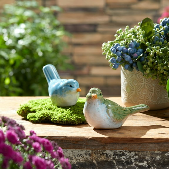 Melrose Stoneware Bird Figurines - 5.5" - Blue and Green - Set of 6