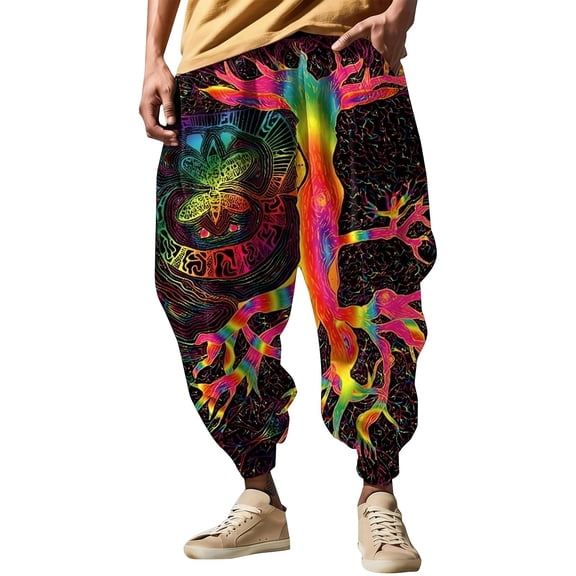 CONZONE Mens Baggy Harem Pants Wide Leg Pants for Men Trendy Elastic Waist Graphic Y2K Soft Casual Joggers With Pocket