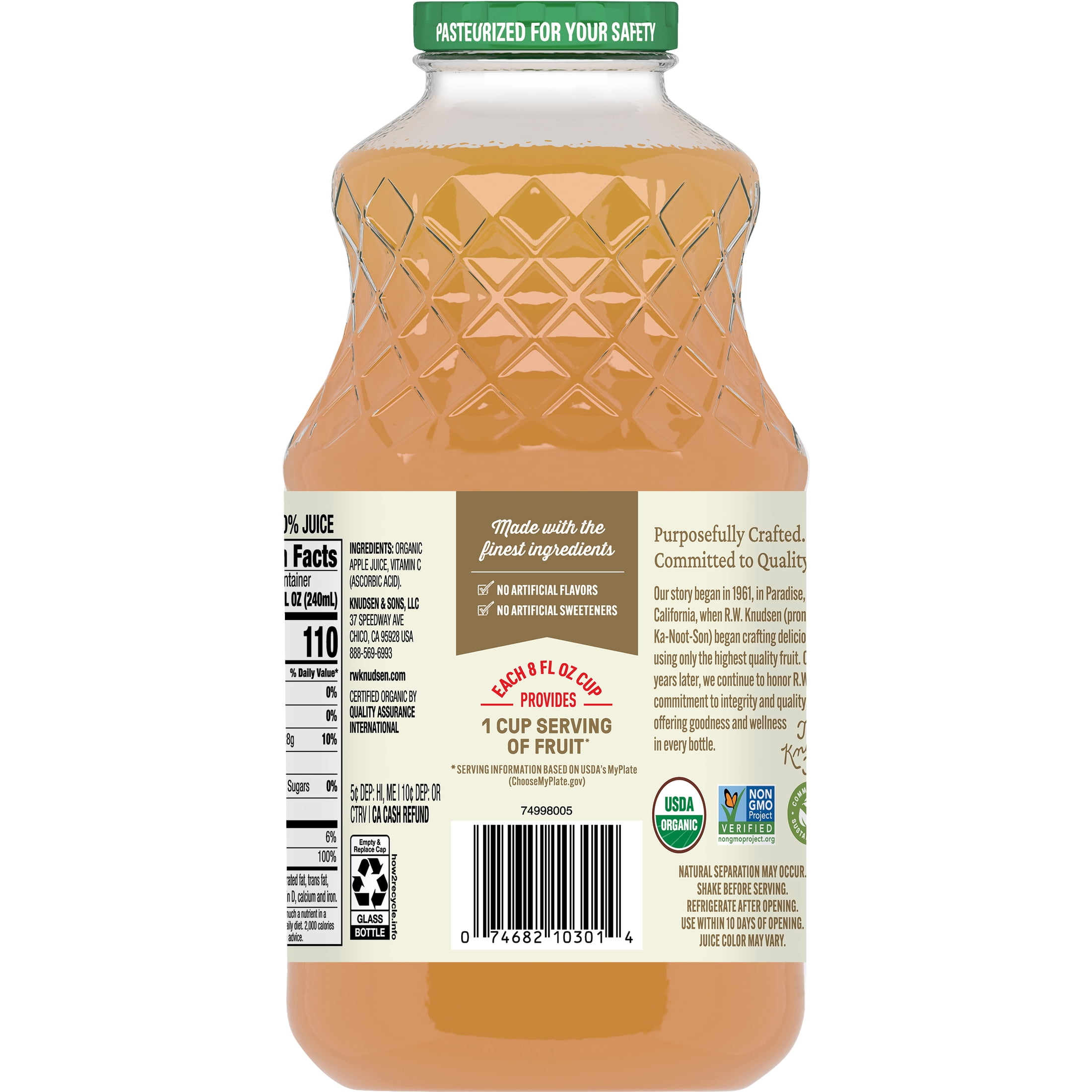(2 pack) R.W. Knudsen Family Organic Apple Juice, 100% Juice, 32 oz, Glass Bottle, Shelf-Stable