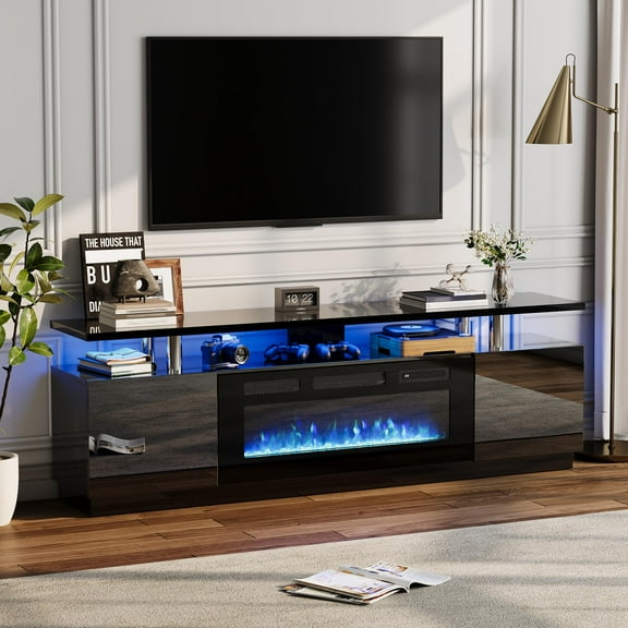 70" LED Fireplace TV Stand - Modern Electric Entertainment Center with 36" Fireplace, Cabinets, 2-Tier Design for TVs Up to 80"