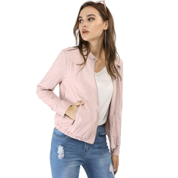 Chaqueta corta de motociclista con cuello alto Piel sintética asimétrica con cremallera frontal para mujer Rosa XL