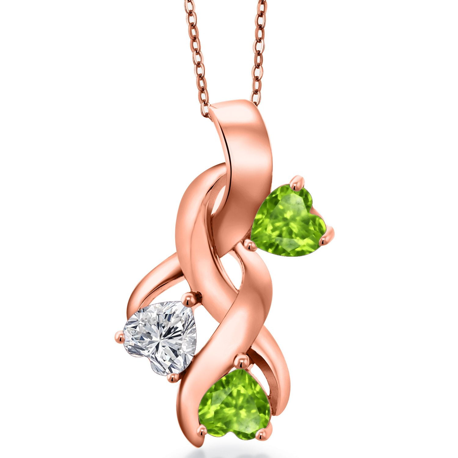 Gem Stone King 18K Rose Gold Plated Silver Lab Grown Diamond and Green Peridot Pendant Necklace for Women | 1.44 Cttw | Gemstone April Birthstone | Heart Shape 5MM | With 18 inch Chain