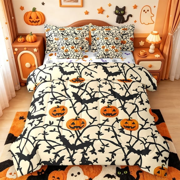 Manfei Halloween Bat Print 7pcs Queen Bedding,Funny Pumpkin Lantern Bedding Comforter Set Queen,Halloween Reversible
