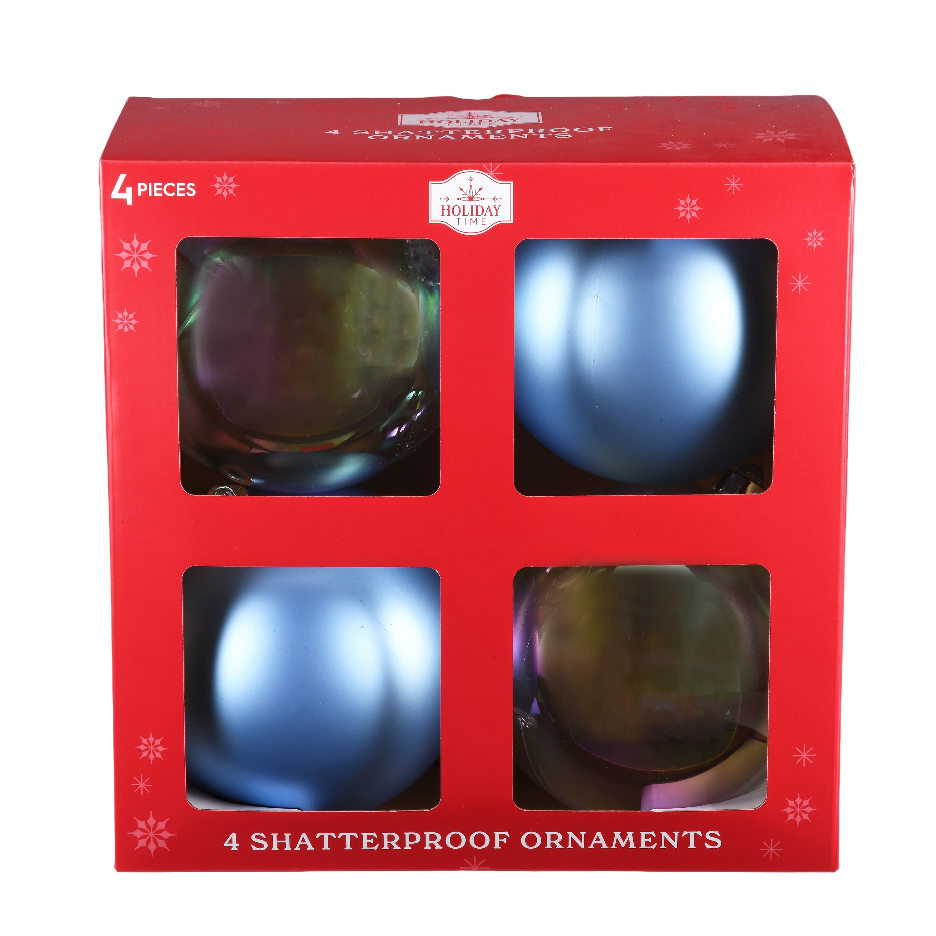 4-Count Clear and Blue Shatterproof Iridescent Christmas Ornaments, 5.9 in, by Holiday Time