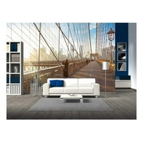 wall26 - Woman Taking a Photo from Brooklyn Bridge. New York City Manhattan Downtown Skyline - Removable Wall Mural | Self-Adhesive Large Wallpaper - 66x96 inches