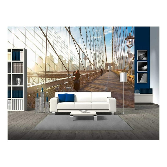 wall26 - Woman Taking a Photo from Brooklyn Bridge. New York City Manhattan Downtown Skyline - Removable Wall Mural | Self-Adhesive Large Wallpaper - 100x144 inches