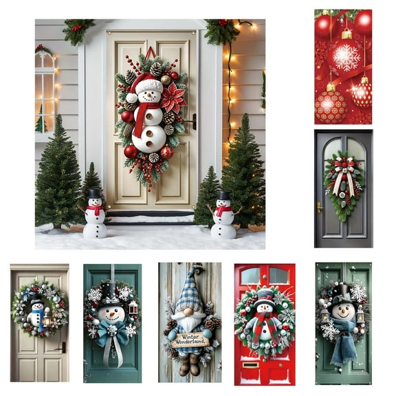 Christmas Snowman Door Decor Hanging - Festive Fabric Door Cover Holiday Welcome Sign Indoor Outdoor Seasonal Party Decoration(white)