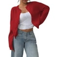 thumbnail image 2 of Women'S Button Down Long Sleeve Crewneck Crop Cardigan Sweater Cute Knitwear Clothes Red S, 2 of 9