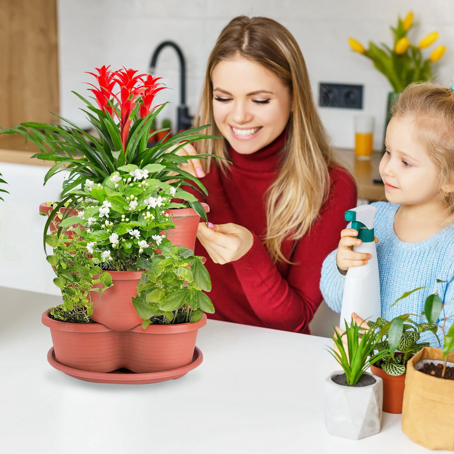Moclever 5 Tier Vertical Stackable Planter, Garden Tower Gardening Pots for Flowers Vegetables, Red