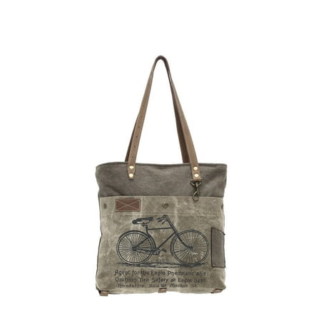 Myra Bag - Vintage Bicycle Print Upcycled Canvas and Genuine Leather Trim Tote Bag - 0