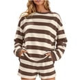 thumbnail image 2 of sdhkgrrt Women's 2 Piece Matching Lounge Set Soft Long Sleeve Round Neck Pullover Tops Drawstring Waist Shorts Striped Loose Casual Outfits Fall Tracksuit Clothing , Brown 2XL, 2 of 6
