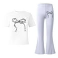 thumbnail image 5 of Tfken Summer Outfit Sets For Girls Bowknot Print Short Sleeve Crew Neck Tops With Flare-Leg Pants Set Trendy Daily Wear Comfortable Outfit White Size 9-10 Years, 5 of 5