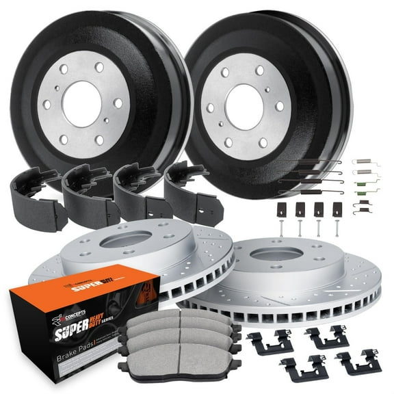 R1 Concepts Drilled and Slotted Carbon Coated Disc Brake Rotor and Drum Set with Super Duty Pads, Shoes, Adjuster, and Hardware WBXA2-40020