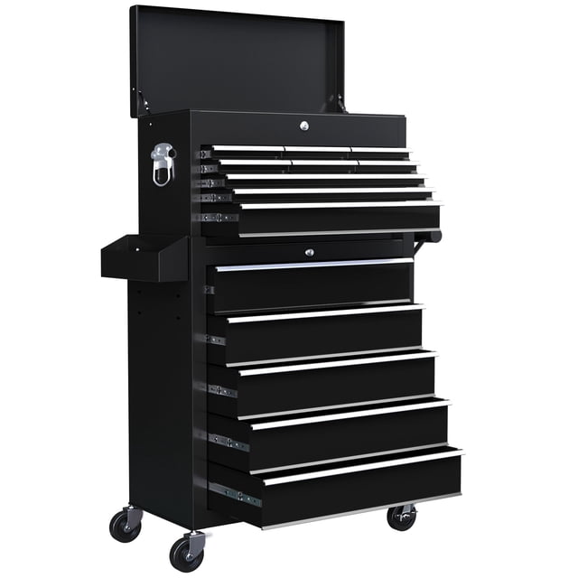 14-Drawer Rolling Tool Chest, Lockable Steel Tool Storage Cabinet with Detachable Top Toolbox and Soft Liners, Mobile Workshop Organizer for Garage and Professional Workspace, Black
