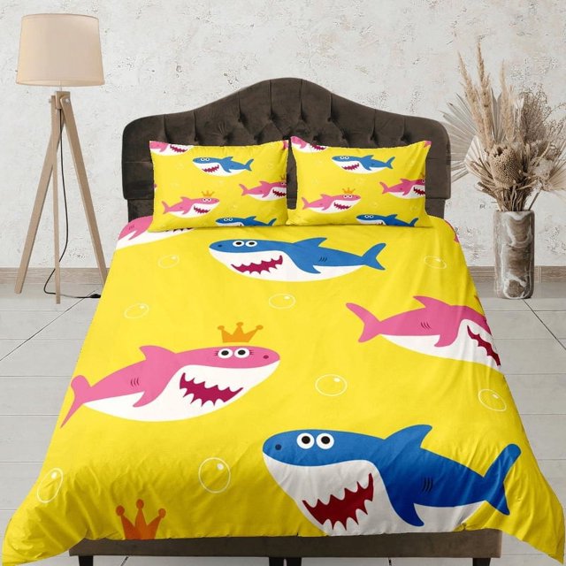 Happy Sharks Juego de Funda Nórdica Amarillo Colcha Colorida, Juego de Cama Infantil Completo