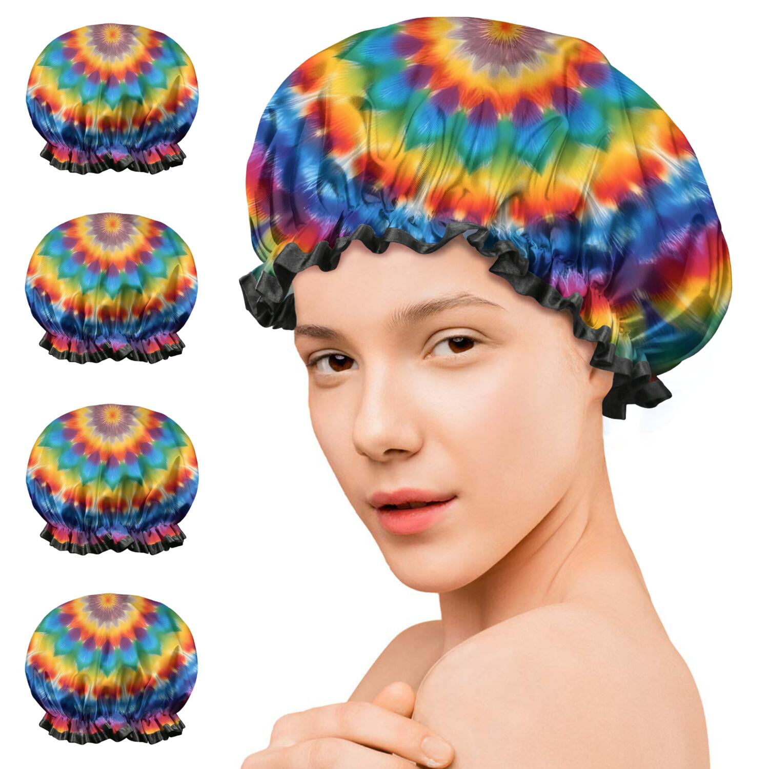 Shower Caps,Colorful Tie Dye Floral Mandala Waterproof Shower Cap for Women 4 Pieces,Double Reusable Hair Cover for Shower PEVA Elastic Stretch Hem