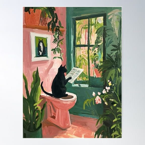 Cat Reading Newspaper - Cool Bathroom Poster Poster Wall Art, Modern Wall Decor For Living Room Bedroom, 8x12 UNFRAMED