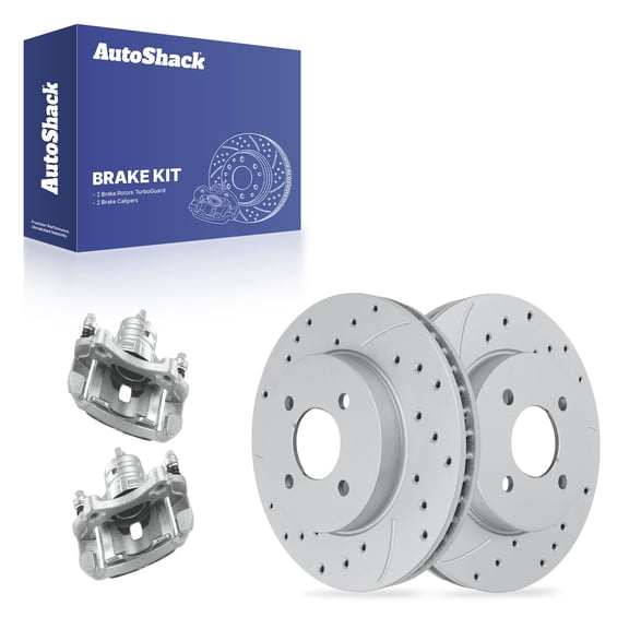 AutoShack Front Vented Drilled & Slotted Coated Brake Rotors Silver Matte Finish   Calipers 4-PC Brake Kit Replacement for 2012-2019 Nissan Versa 2012-2015 Nissan March TurboGuard 10.22" (259.7 mm)