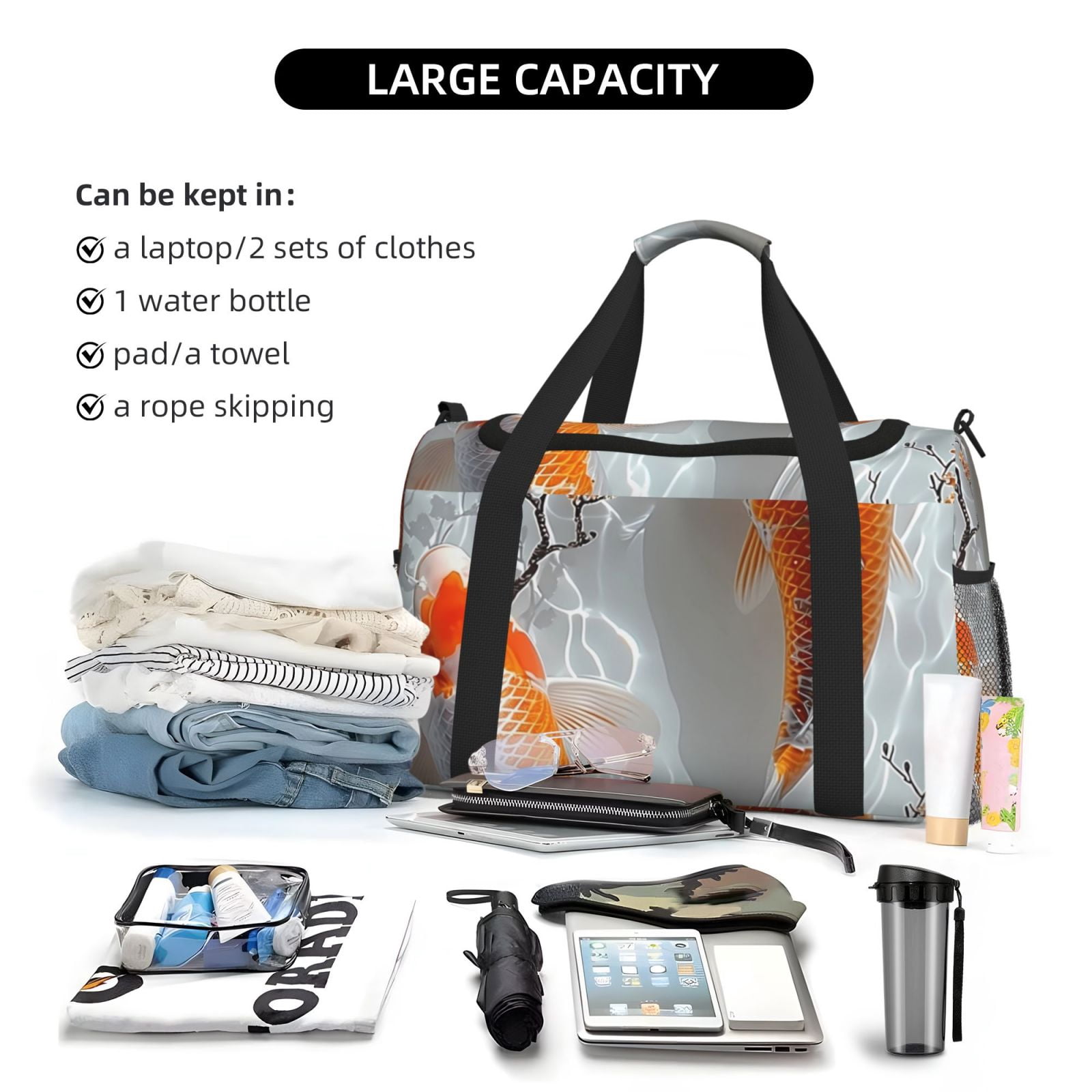 Fuzoiu Koi Fish Water Print Travel Duffle Bag,Carry On Tote Bags,Duffel Bag,Sport Gym Bag, Hospital Bag for Labor and Delivery, Overnight Bag,Luggage Bag
