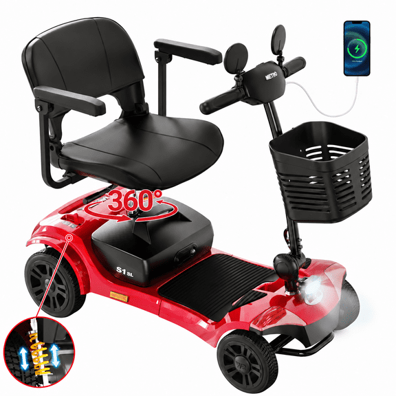 Mobility Scooter for Seniors, Segmart 4-Wheel Electric Mobility Scooter with 360° Swivel Seat, Anti-Tip Wheels, Detachable Battery, USB, LED Light, 300 lb Capacity, Red