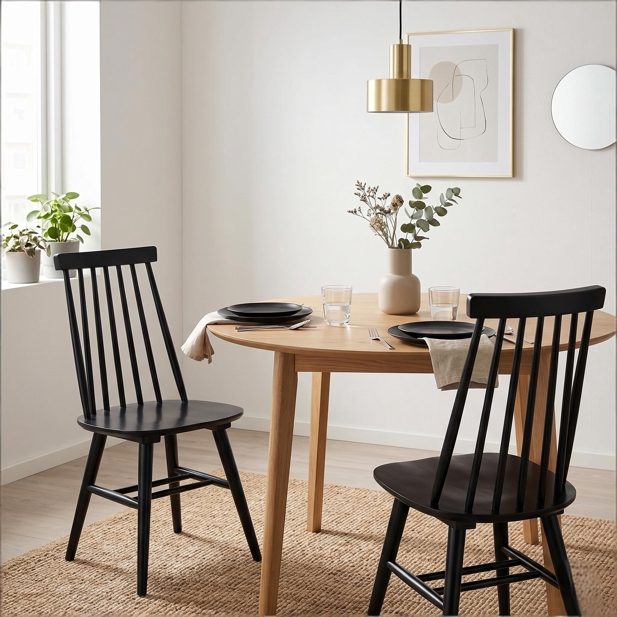 Windsor Dining Chairs Set of 2, Solid Wood Back Kitchen Chairs, Classic Farmhouse Dining Room Chairs for Kitchen, Dining Room, Living Room（Black）