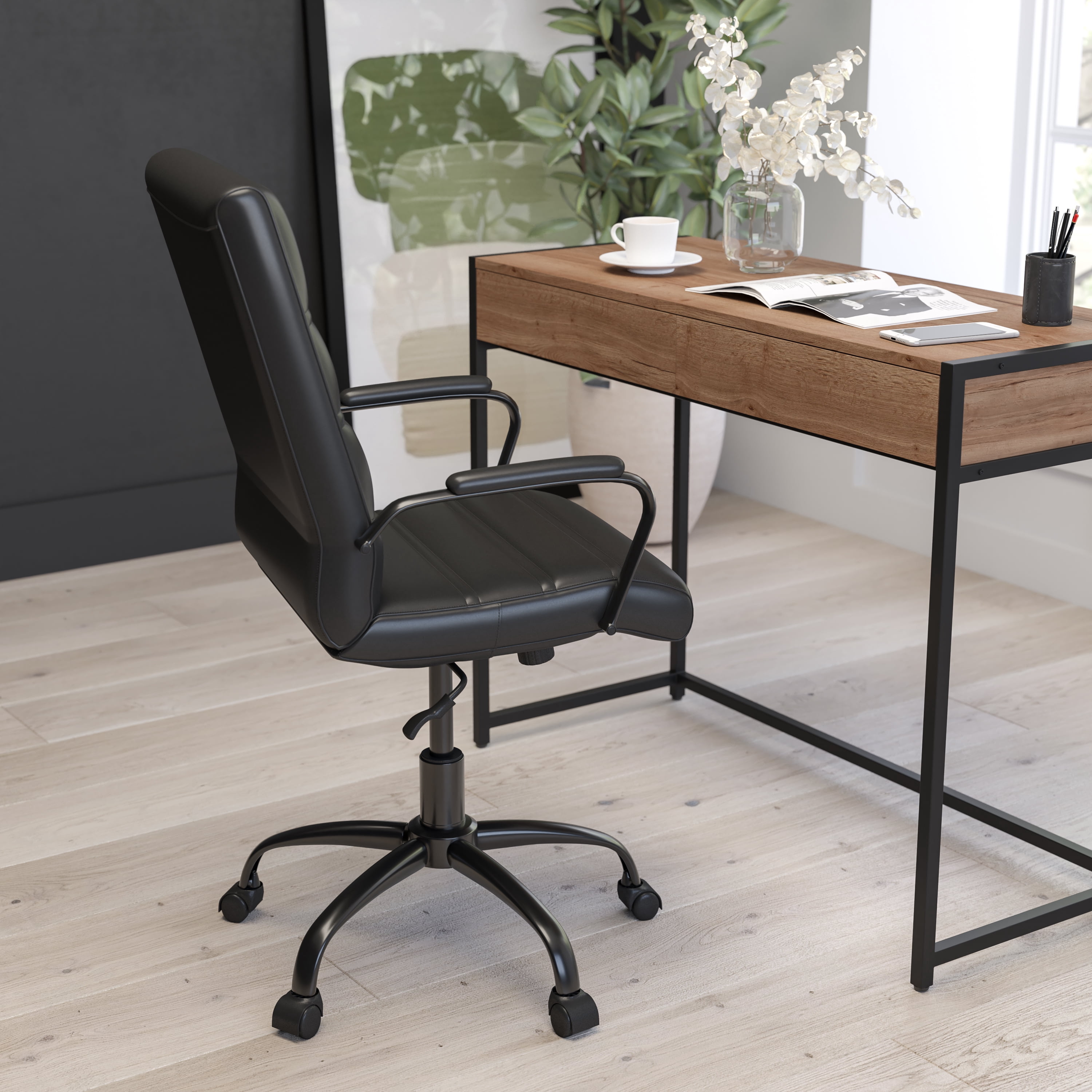 Merrick Lane Contemporary Mid-Back Black Faux Leather Home Office Chair with Padded Black Arms