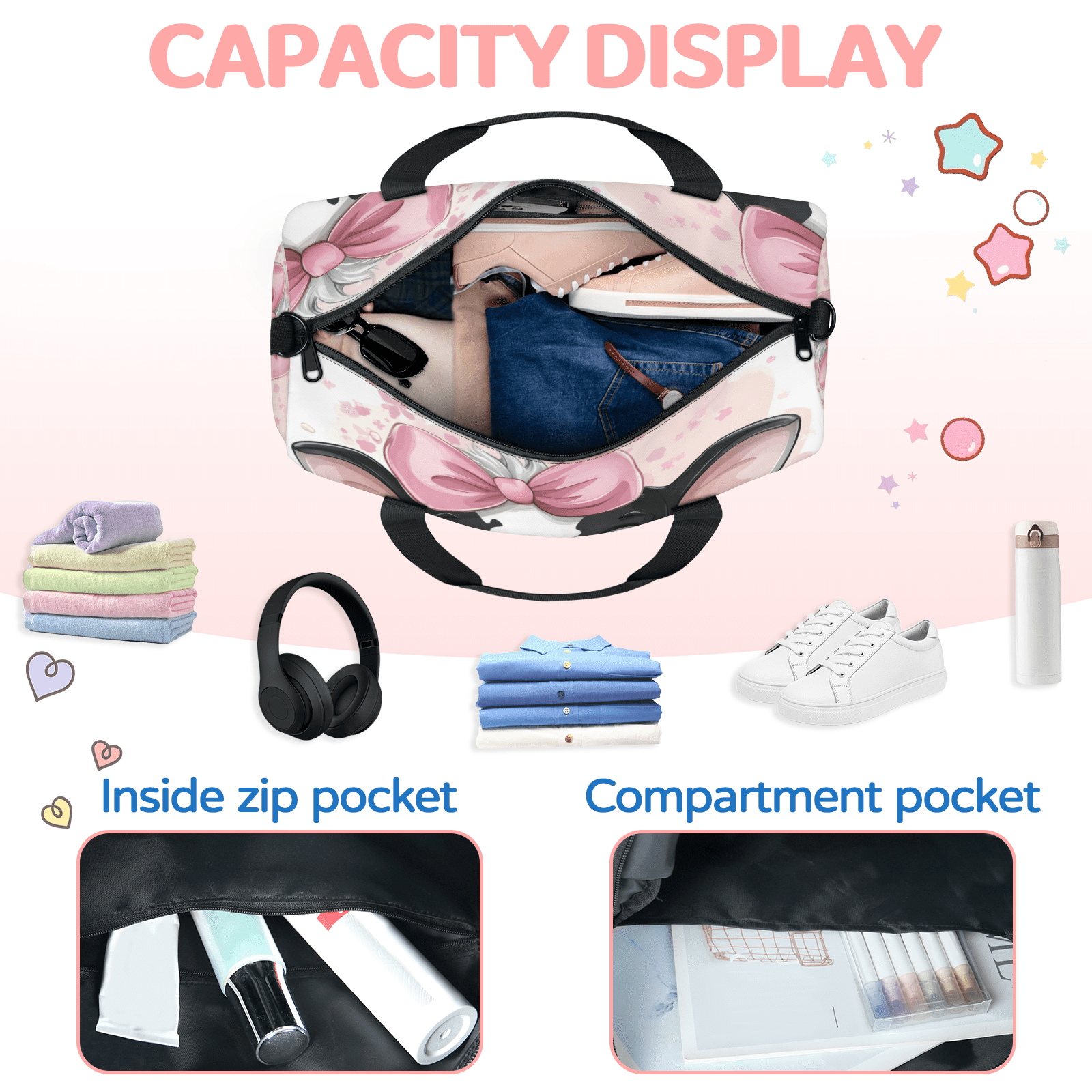 Herdesigns Cute Gym Bag for Women, Cow Duffle Bag for Travel Sport, Lightweight Waterproof Carry on Weekender Overnight Dance Yoga Workout Bags