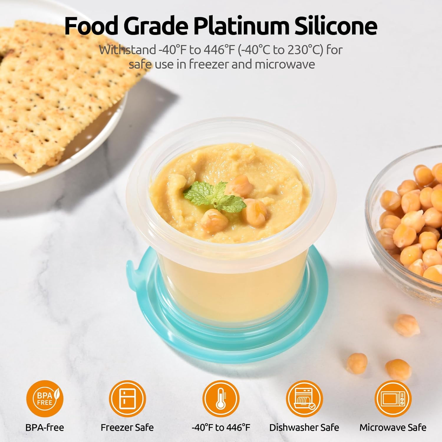U-Taste 4oz×2 Silicone Food Container Set: Small Kitchen Storage with Airtight Lid, Freezer & Microwave Safe, Snack Box with Date Marking Circle, Clear Stackable for Yogurt, Hummus, Garnish-Aqua Sky