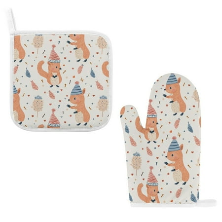 

ZZZHY Sweet Squirrel Hat-692 Oven Mitts and Pot Holders Sets Heat Resistant Oven Gloves Cute Kitchen Mitts for Oven 2-Piece Baking Gloves Set for Cooking Grilling Baking