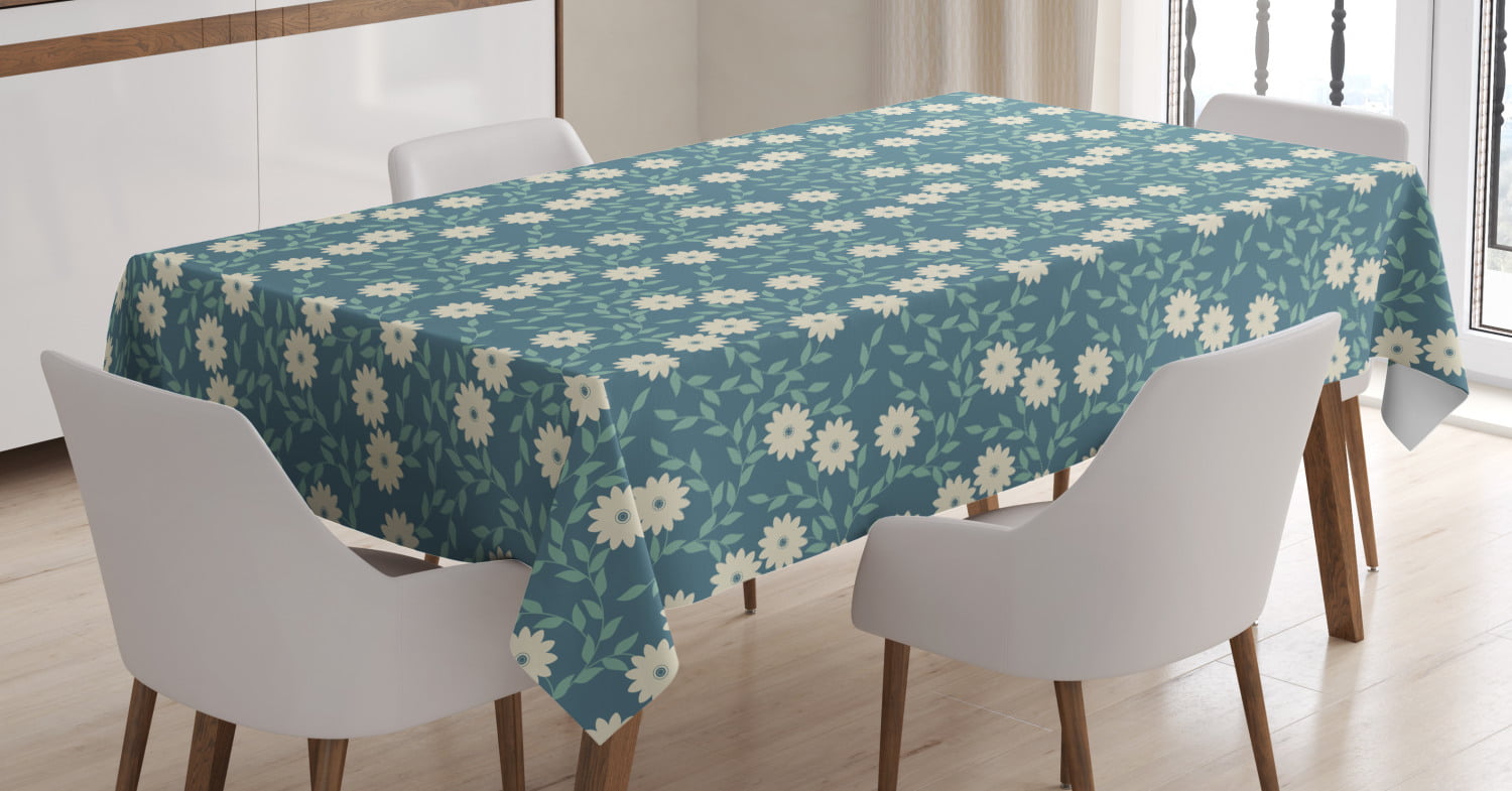 Ambesonne Garden Tablecloth Flourishing Flowers Foliage Petals Summer Gardening Buds Pattern 60 X 90 Seafoam Dark Blue and Green Rectangle Satin Table Cover Accent for Dining Room and Kitchen