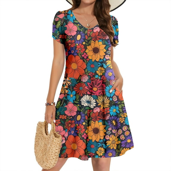 TMOYZQ Womens Summer Dresses Boho Floral Beach V Neck Dresses Short Sleeve T Shirt Sundresses with Pockets 2025 Hawaiian Vacation