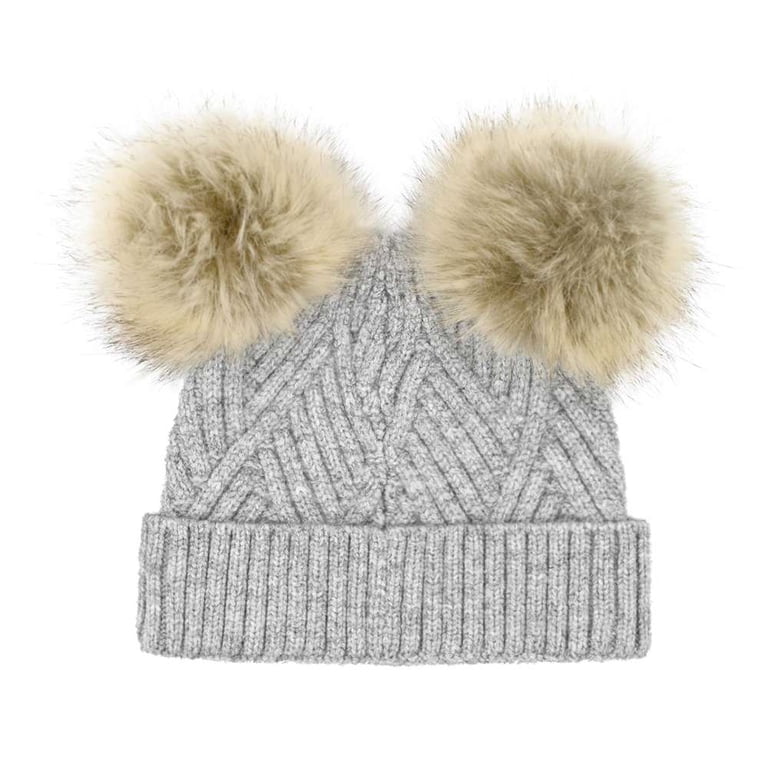 White & Light Gray Faux Fur Pom Pom Beanie Light Gray Chunky Knit Hat With Faux Fur Pompom, Silver  main image 2