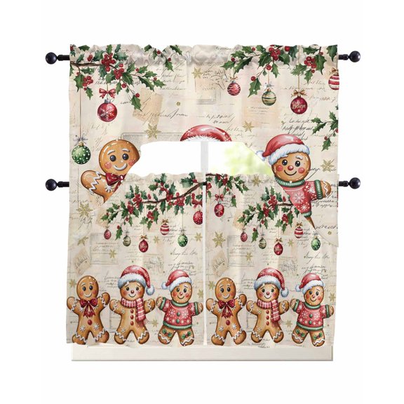 Gingerbread Christmas Swag Kitchen Curtains Sets for Windows 24 Inch Length, Xmas Balls Branches Beige Rustic Short Window Curtain Panels Swags Valances and Tiers 3 Piece Set for Cafe/Dining Room