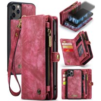 Feishell Durable 2-In-1 Magnetic Detachable Wallet Case for iPhone 11 Pro Max,for Women Men,Premium PU Leather Zipper Pocket Flip Multi Card Slots Purse Phone Case with Wrist Strap,Red