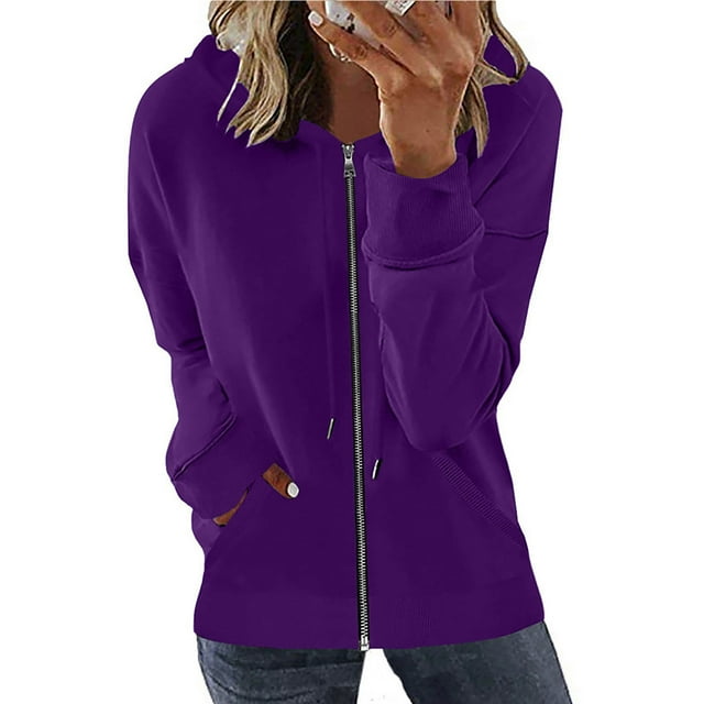 PEZHADA Économies d'Automne Chandail à Capuchon à Fermeture à Glissière Décontracté pour Femme, Veste Ouverte à l'Avant, Coupe Ample, Manteau à Manches Longues avec Cordon, Chandail à Capuchon avec Poche, Violet