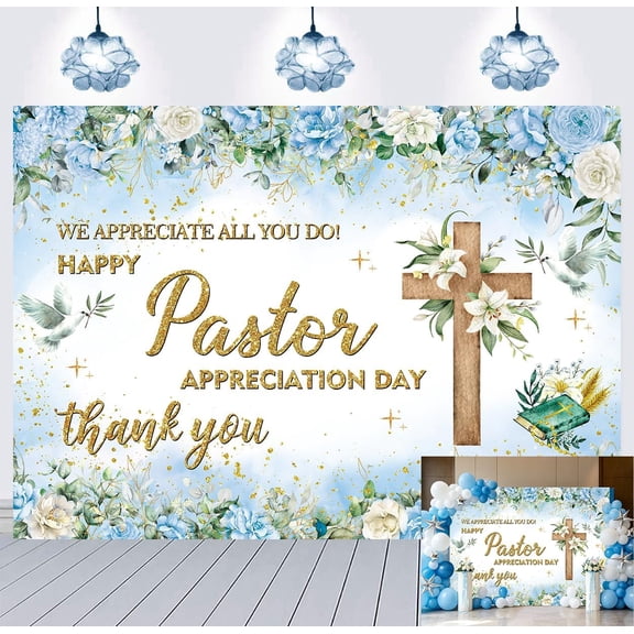 Pastor Appreciation Day Backdrop Blue Floral Cross Thank You Pastor Background Church Events Christian Party Decorations Banner Photo Props