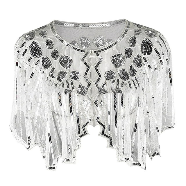 GDREDA Châle Rétro pour Femme, Robe de Soirée à Paillettes, Petit Châle Veste Coupe-Vent pour Occasions Élégantes Argent, Taille Unique