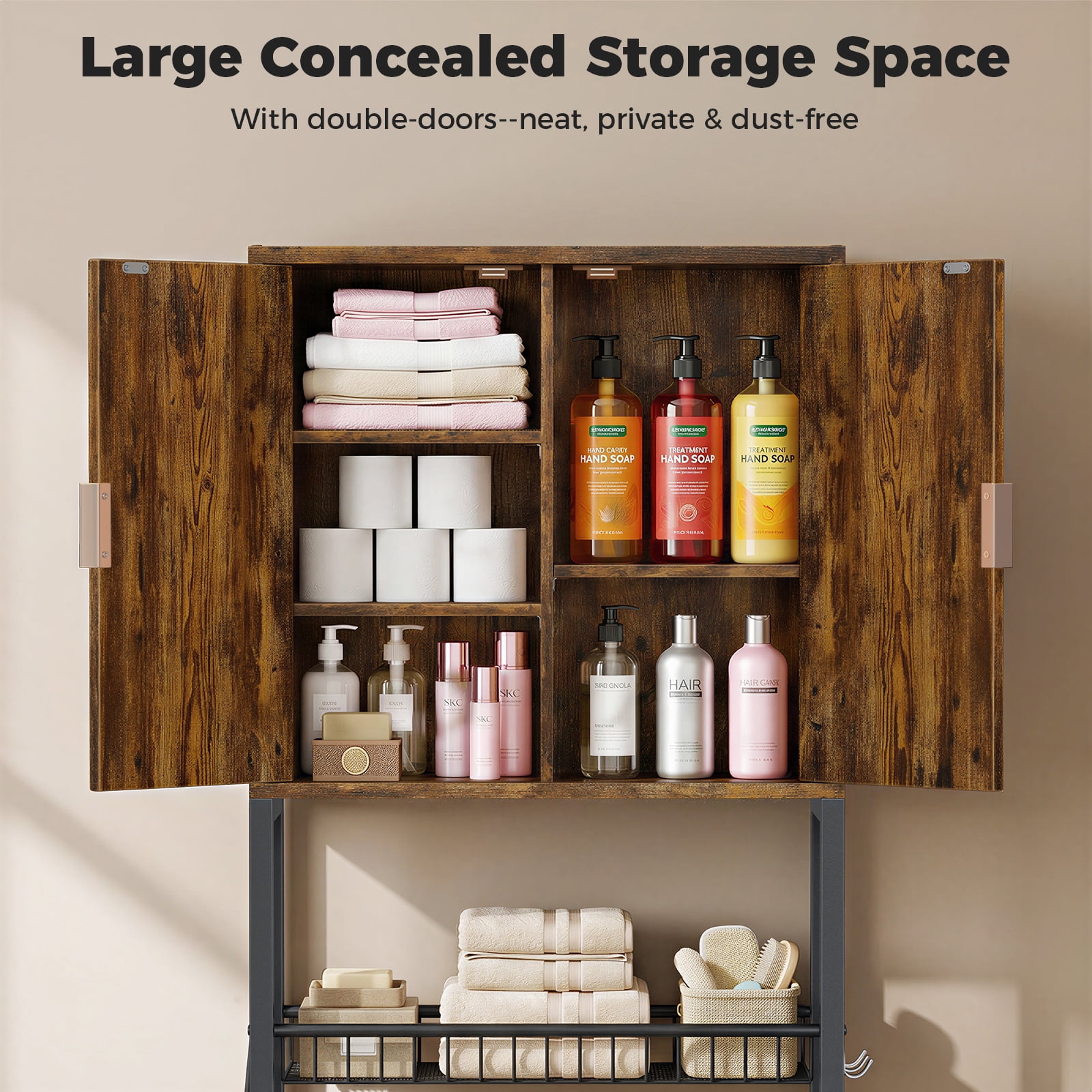 Biemlerfn Over the Toilet Storage Cabinet, Bathroom Storage Organizer with Adjustable Shelf, Toilet Paper Holder & Hooks, Freestanding Space Saver, Brown