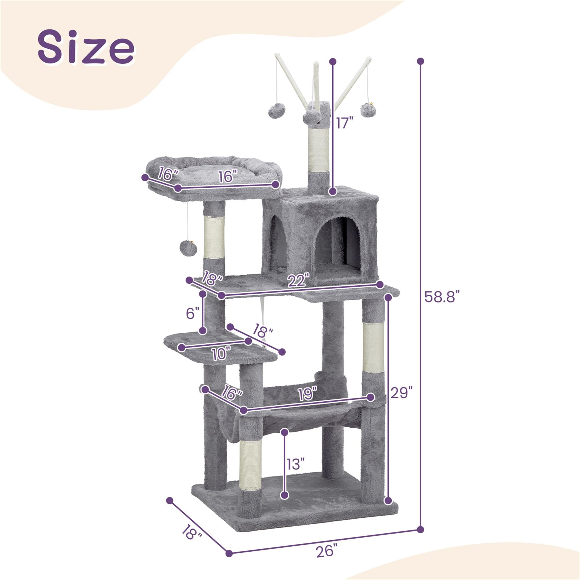 Kadyn 58" Cat Tree Tower for Indoor Cats, Cat House with Padded Platform Bed, Toy Balls, Large Cozy Condo, Hammocks and Sisal Scratching Posts, Light Gray