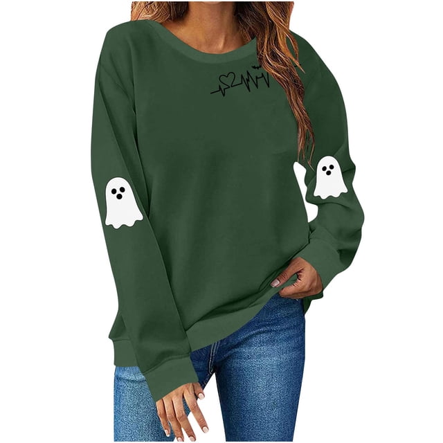 Heisall Womens Hoodies Halloween Print Round Neck Long Sleeve Loose Casual Sweatshirts