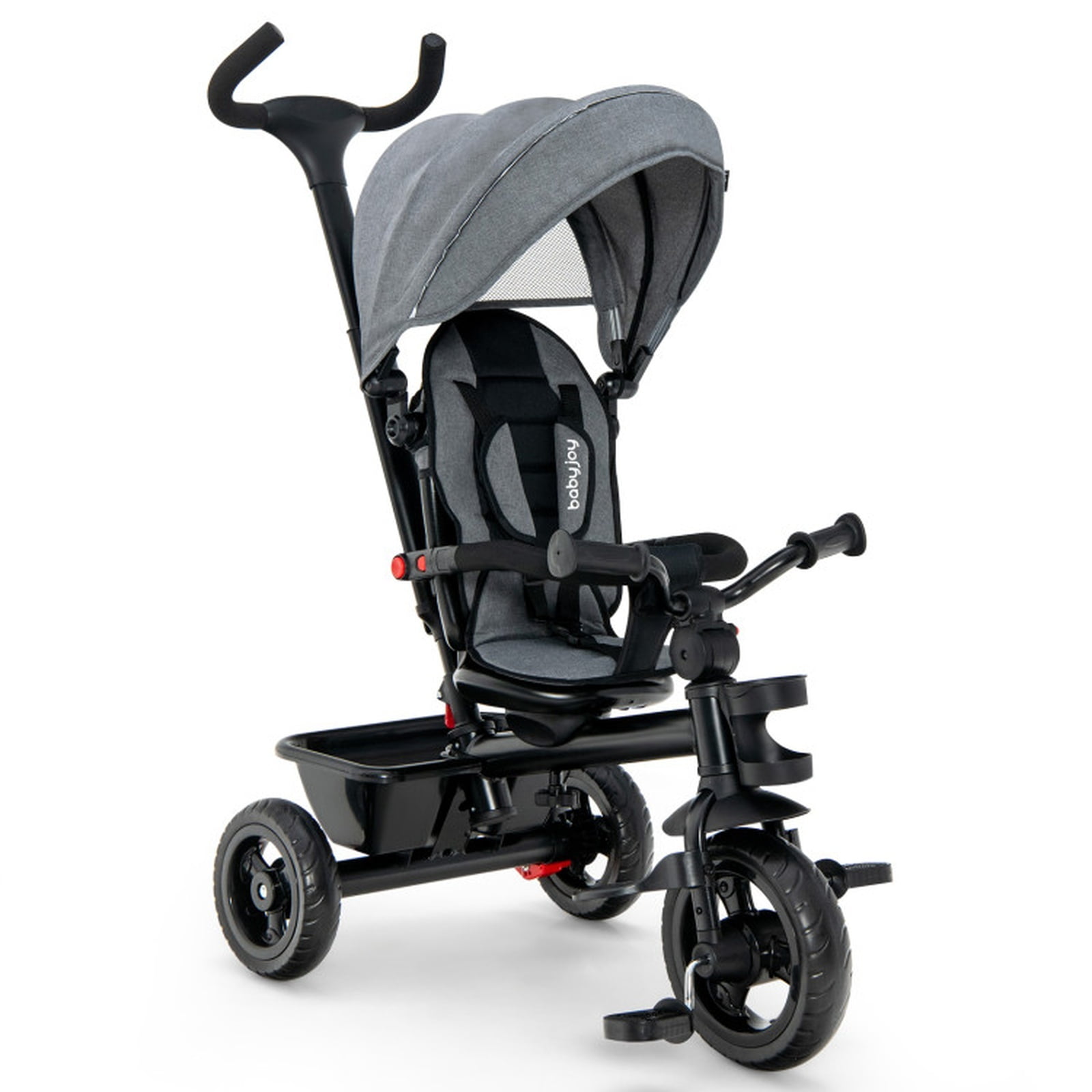 Redsmile 4-in-1 Baby Tricycle for 1.5-5 Years, Toddler Trike with Push Handle & Convertible Reversible Seat, Kids Tricycle with Canopy, 3-Point Harness & Storage Basket for Toddlers, Gray
