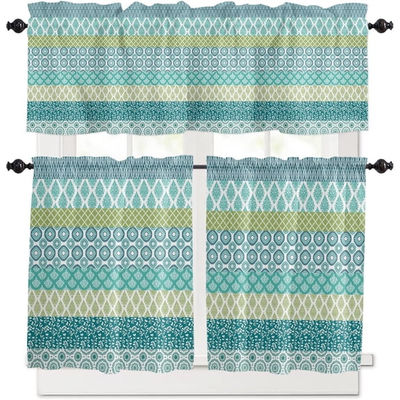 Kitchen Curtain Valance and Tiers Set Boho 3 Pc Window Treatment Bohemian Geometric Stripes Blue Green 3 Pieces Rod Pocket Valance Set for Small Windows Bedroom, 54 in x 24 in Teal
