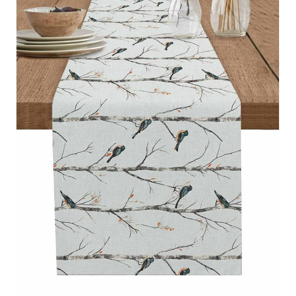 Ldtrchee Tree Bird Table Runner 72 Inches, Forest Winter Branches Minimalist Plant Retro Bed Runner Dresser Scarves Tabletop for Indoor Outdoor Parties/Ceremony/Banquet, 16" x 72"