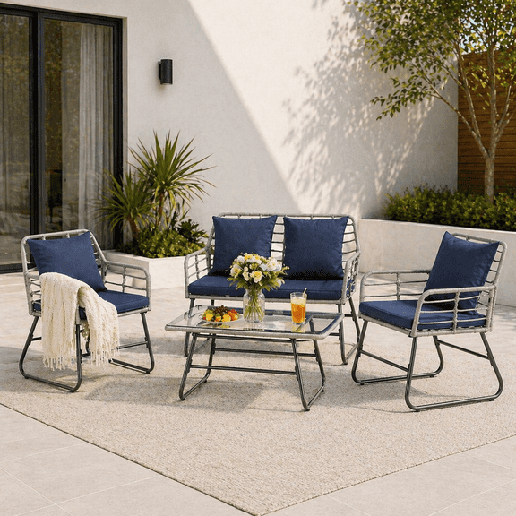 YIORTWO 4-Piece Outdoor Patio Furniture Set, Wicker Sofa Set with Thick Cushions, All-Weather Rattan Deep Seating Set with Tempered Glass Table, Blue